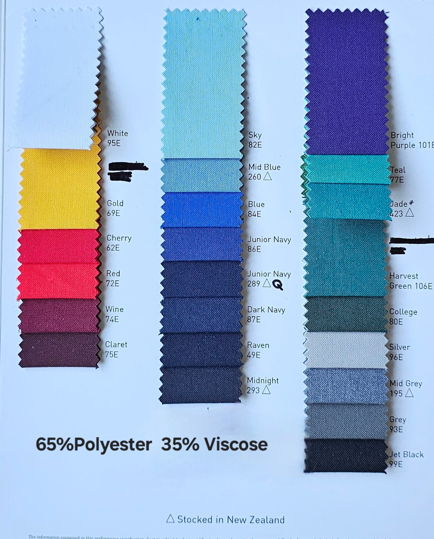 Fabric color swatch chart with various colors and text on a white background