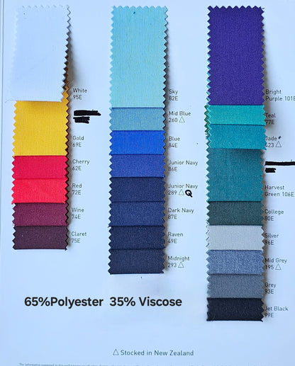 Fabric color swatch chart with various colors and text on a white background