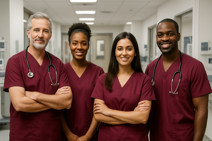 Team of Staff in Wine Coloured Scrubs in Hospital